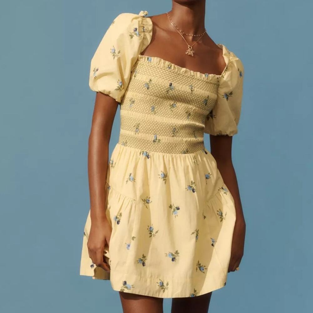 Anthropologie Puff Sleeve Smocked Mini Dress Butter Yellow Floral Large